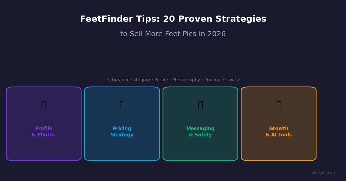 FeetFinder tips guide showing 4 strategy categories: profile, pricing, messaging, growth