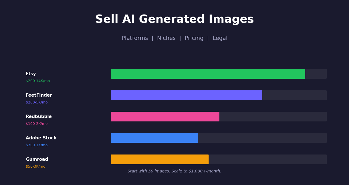 AI generated images selling platforms comparison showing Etsy, FeetFinder, Redbubble, Adobe Stock income potential