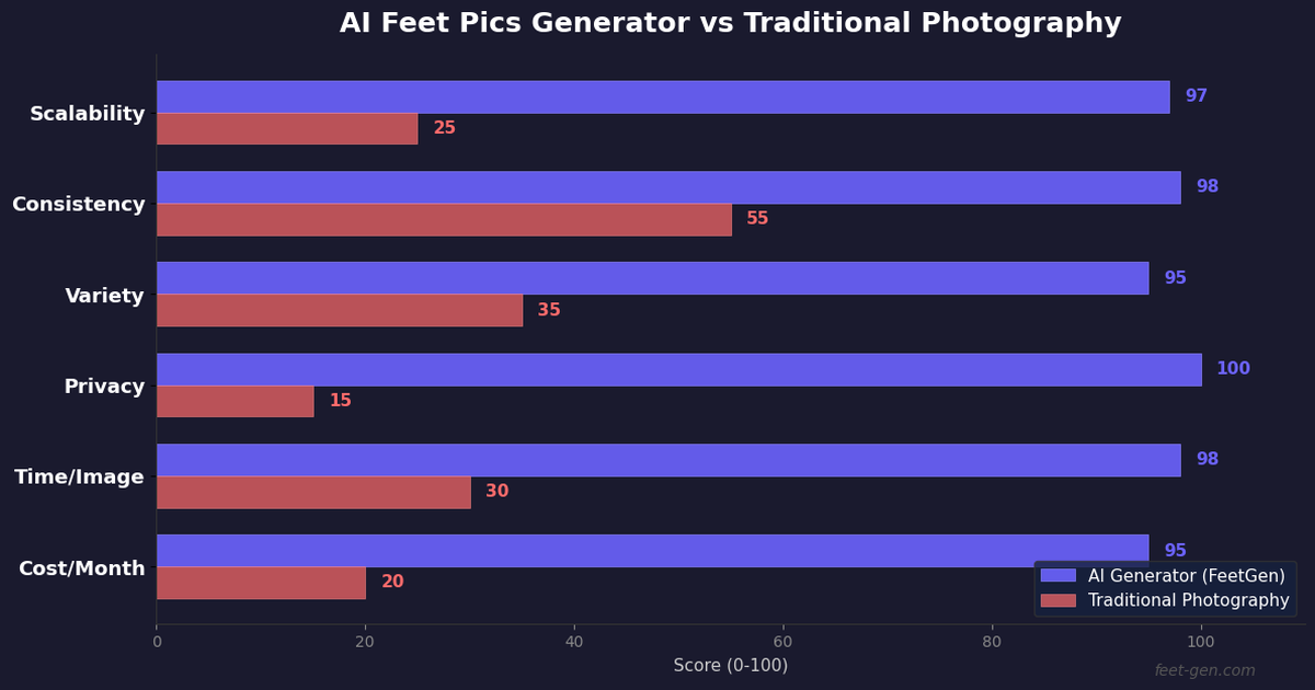 AI feet pics generator comparison chart showing AI vs traditional photography scores