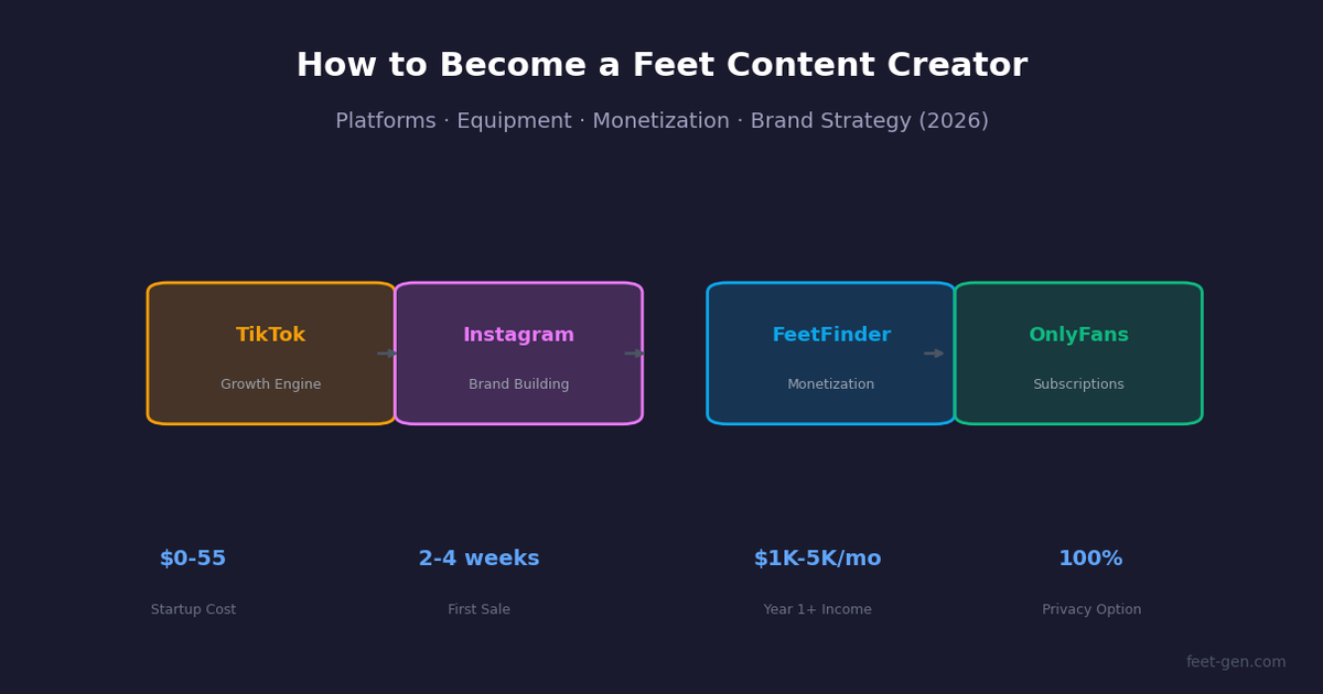 Feet content creator platform strategy map showing TikTok, Instagram, FeetFinder, and OnlyFans funnel
