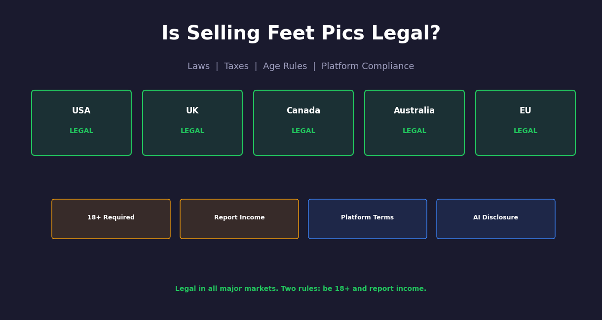 Is selling feet pics legal chart showing legal status in US, UK, Canada, Australia, and EU